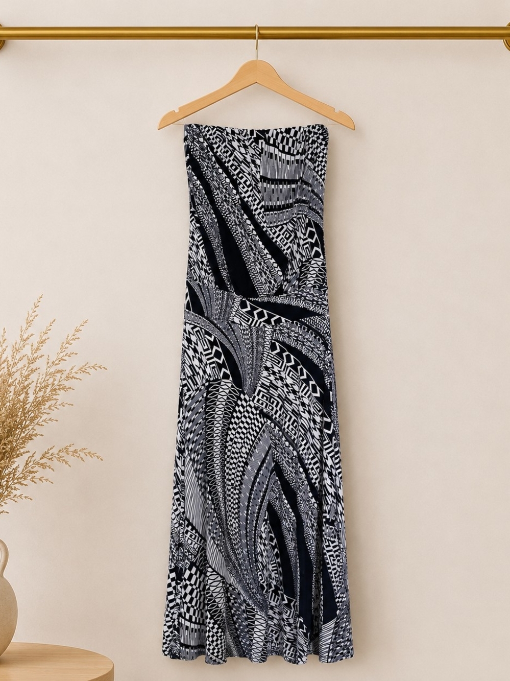S-Twelve Blue & White Strapless Patterned Maxi Dress